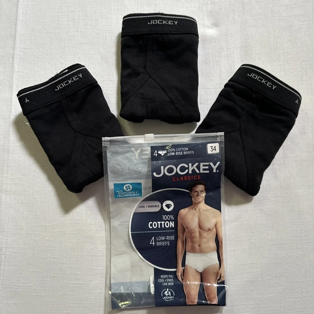 Men's 3 Pairs Jockey Classic Collection Low-Rise Briefs Black NIP 100% Cotton 34